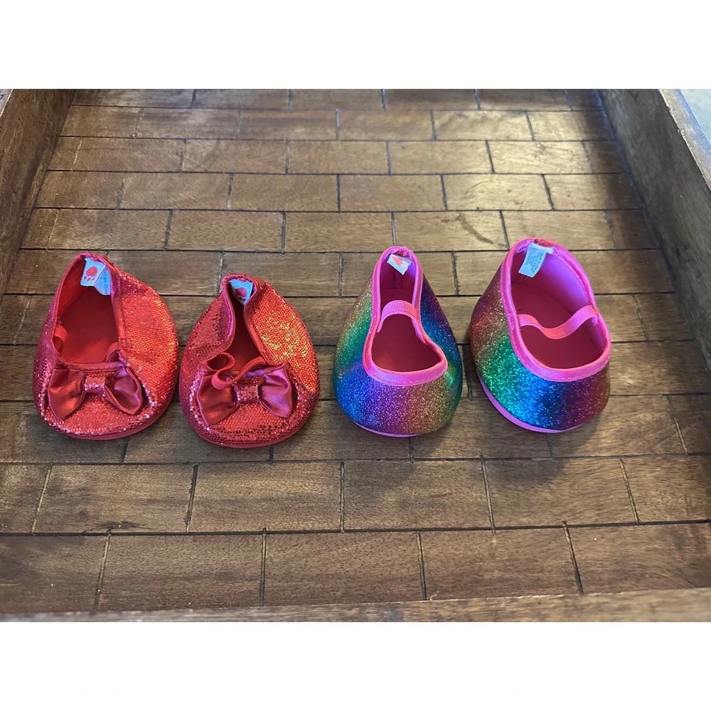 Build-A-Bear Shoes Bundle Red Sequin Bow Flats Rainbow Glitter MaryJanes BAB EUC
